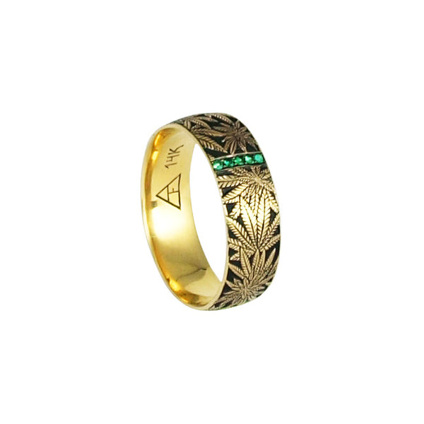 Cannabis Gold Hand Engraved Band with Emeralds - Cannabis Jewelry Collection - Third Eye Assembly