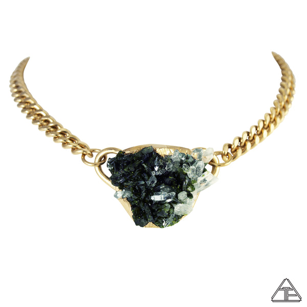 Quartz With Epidote Cluster 14k Yellow Gold Crystal Talisman Choker