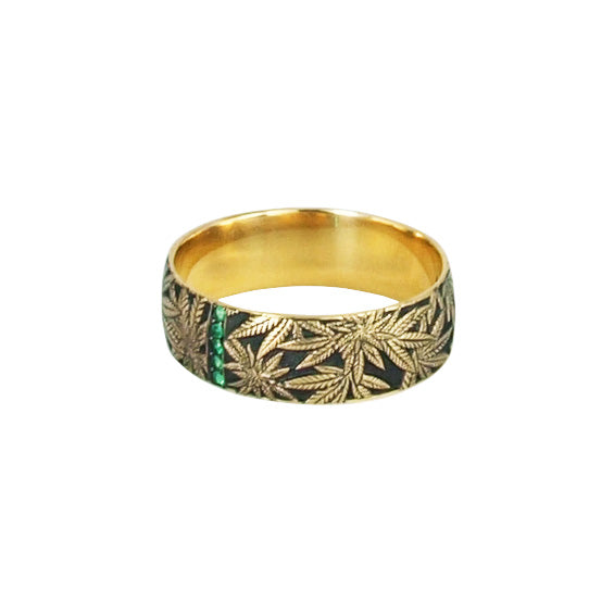 Cannabis Gold Hand Engraved Band with Emeralds - Cannabis Jewelry Collection - Third Eye Assembly
