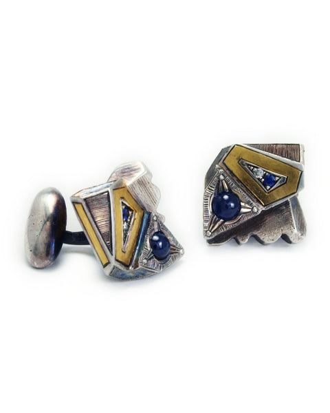 Blue Sapphire and Diamond 24k Gold Inlay Cufflinks - Lattice Collection - Third Eye Assembly
