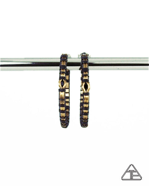 Black Spinel Yellow Gold and Silver Hoop Wire Wrap Earrings