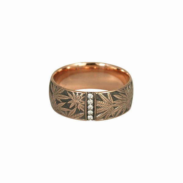 Cannabis Rose Gold Hand Engraved Band with Diamonds - Cannabis Jewelry Collection - Third Eye Assembly