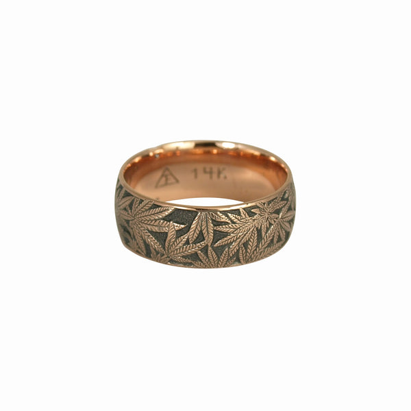 Cannabis Rose Gold Hand Engraved Band with Diamonds - Cannabis Jewelry Collection - Third Eye Assembly