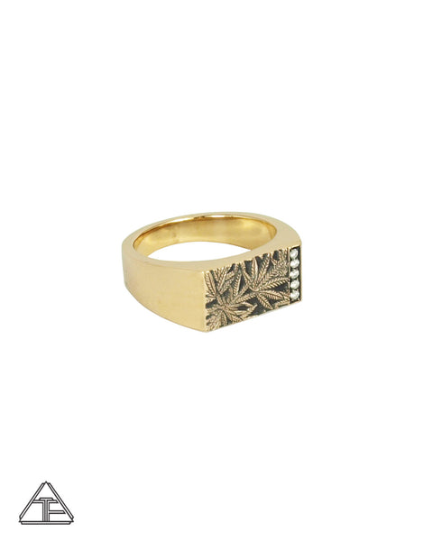 Cannabis Signet Gold Ring with Diamonds - Cannabis Jewelry Collection - Third Eye Assembly