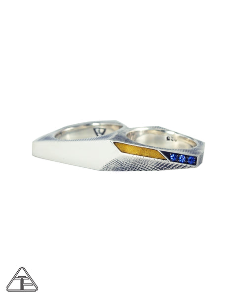 Lattice: Blue Sapphire 24K Inlay Double Finger Ring Size 8.5