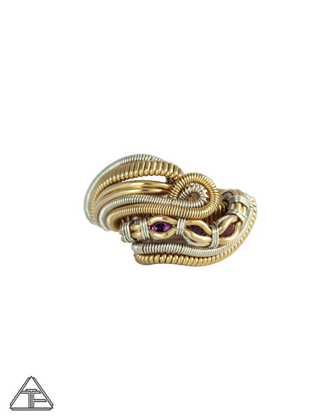 Size 7 - Rubellite Yellow Gold and Silver Three Sisters Wire Wrapped Ring