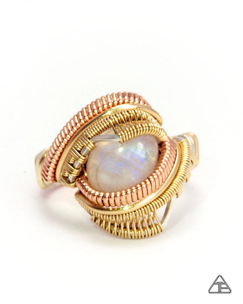 Size 8  - Moonstone Yellow + Rose Gold Wire Wrapped Ring