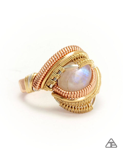 Size 8  - Moonstone Yellow + Rose Gold Wire Wrapped Ring