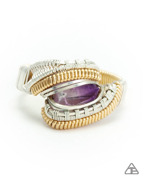 Size 7.5 - Amethysts Silver & Gold Wire Wrapped Ring