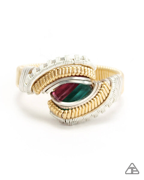 Size 8  - Emerald + Rubellite Yellow Gold + Sterling Wire Wrapped Ring
