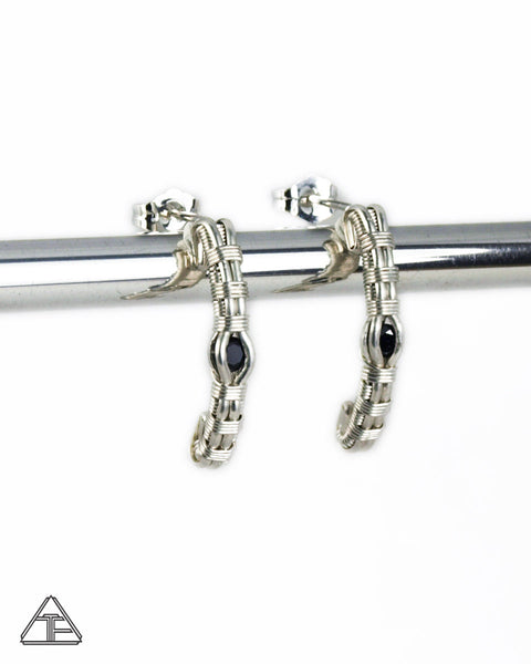 Black Spinel & Silver Wire Wrap Earrings