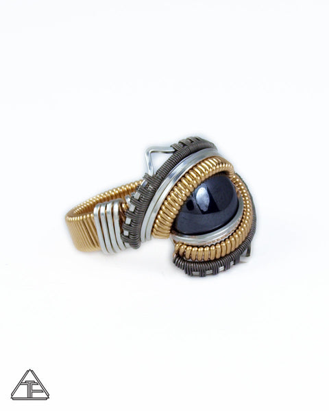 Size 7.5 - Pyrite Yellow Gold Silver and Titanium Wire Wrapped Ring