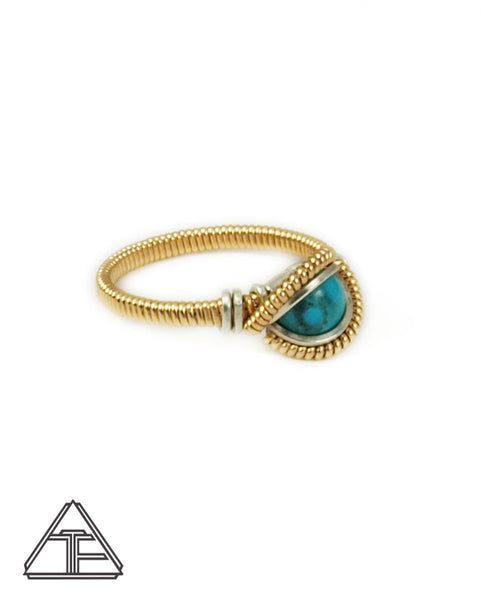 Size 7.5 - Turquoise and Yellow Gold Wire Wrapped Ring