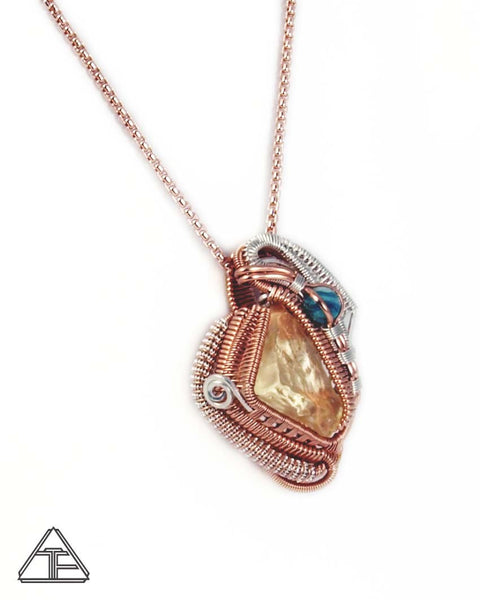 Libyan Glass and Amazonite Silver and Rose Gold Wire Wrapped Pendant
