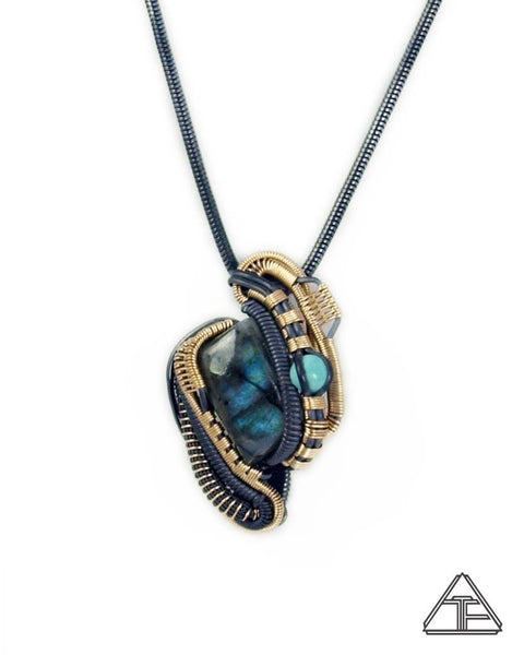 Labradorite and Turquoises Sterling Silver and Yellow Gold Wire Wrapped Pendant