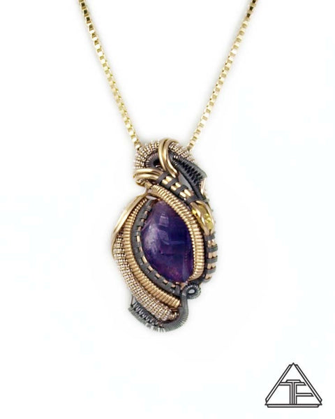 Amethyst Gold Nugget Titanium Yellow Gold and Silver Wire Wrapped Pendant