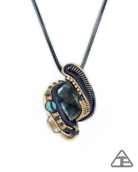 Labradorite and Turquoises Sterling Silver and Yellow Gold Wire Wrapped Pendant