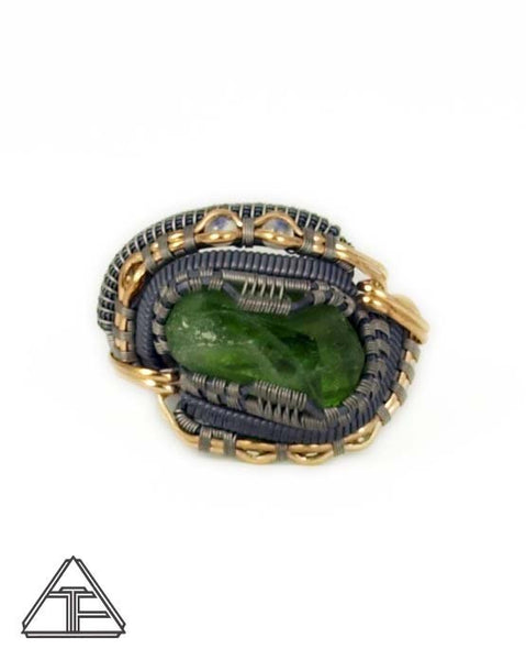 Size 13 - Peridot and Moonstone Yellow Gold Titanium Silver Wire Wrapped Ring