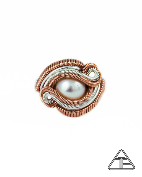 Size 6.5 - Pearl Rose Gold & Silver Wire Wrapped Ring