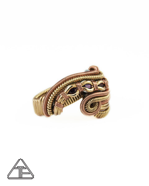 Size 6 - Garnet Rose and Yellow Gold Three Sisters Wire Wrapped Ring