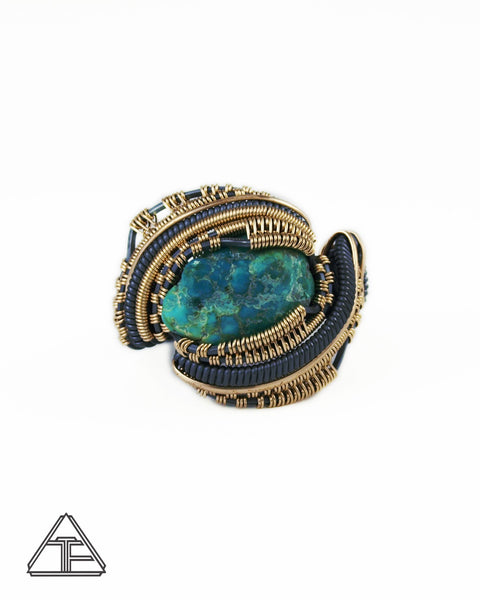 Size 10.5 - Turquoise Yellow Gold and Sterling Silver Wire Wrapped Ring