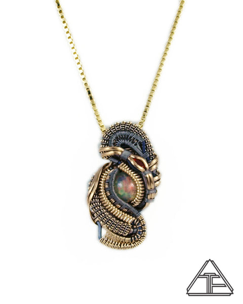 Opal Garnet Yellow Gold and Titanium Wire Wrapped Pendant