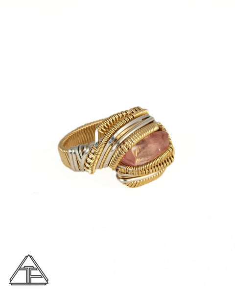 Size 7.5 - Pink Tourmaline Yellow Gold and Silver Wire Wrapped Ring