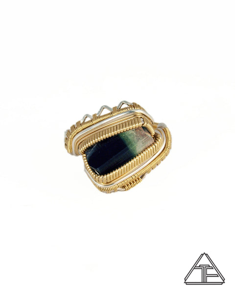 Size 11.5 - Stak Nala Tourmaline Yellow Gold and Silver Wire Wrapped Ring