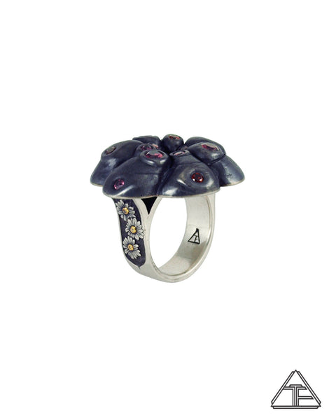 Garnet Psychedelic Peyote Cactus Flower Sterling Silver and Yellow Gold Ring