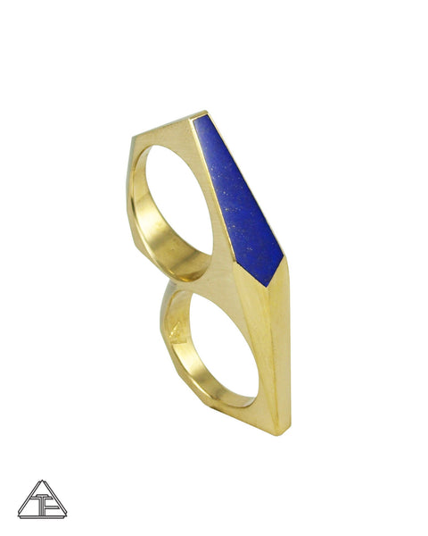 Lux Lattice: Inlay Lapis Lazuli Brass Double Finger Ring