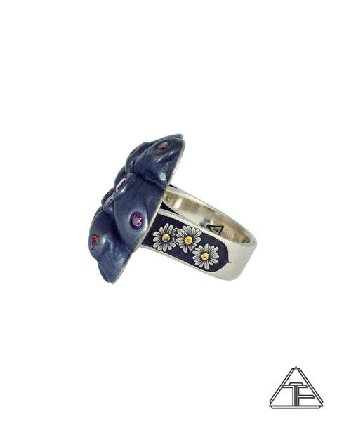 Garnet Psychedelic Peyote Cactus Flower Sterling Silver and Yellow Gold Ring