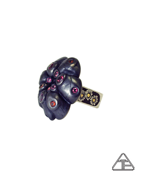 Garnet Psychedelic Peyote Cactus Flower Sterling Silver and Yellow Gold Ring