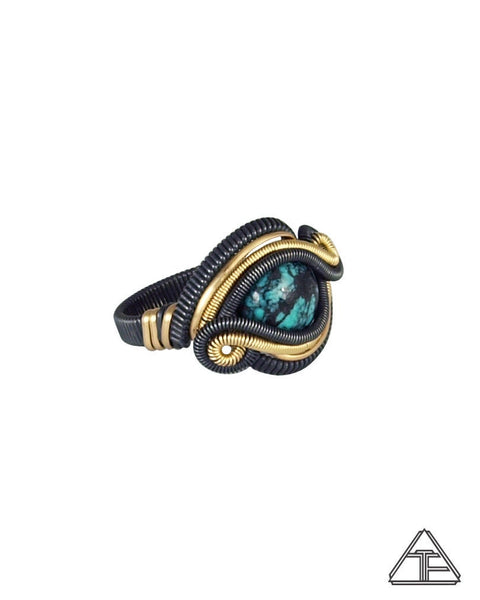Size 9 - Turquoise Silver and Yellow Gold Wire Wrapped Ring