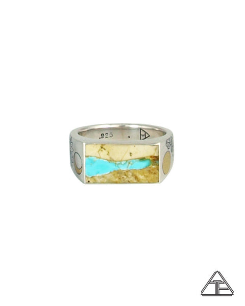 Lux Signet Ring: Inlay Turquoise Ribbon With Cactus Flower Engraving