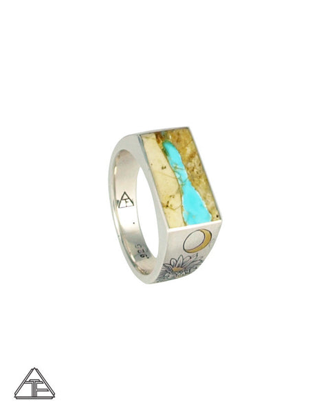 Lux Signet Ring: Inlay Turquoise Ribbon With Cactus Flower Engraving