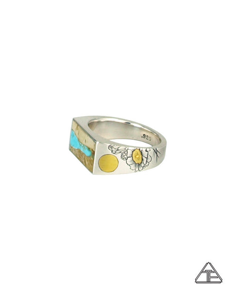 Lux Signet Ring: Inlay Turquoise Ribbon With Cactus Flower Engraving