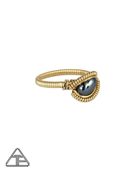 Size 7.5 - Hematite 14K Yellow Gold Wire Wrapped Ring