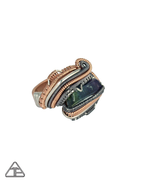 Size 10 - Tri-Color Tourmaline Rose Gold Silver and Titanium Wire Wrapped Ring