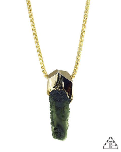 Large Moldavite Yellow Gold Crystal Talisman Pendant & Chain