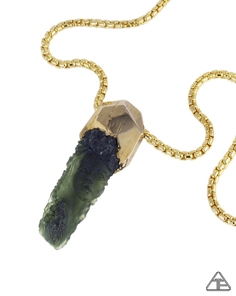 Large Moldavite Yellow Gold Crystal Talisman Pendant & Chain